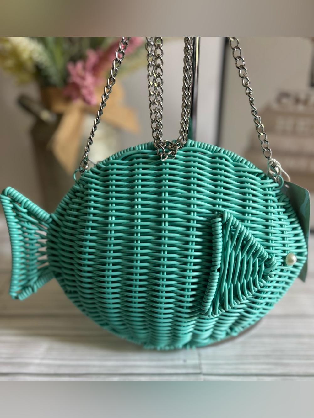 Tommy Bahama Teal Fish-Shaped Woven Bag - Picture 4 of 13